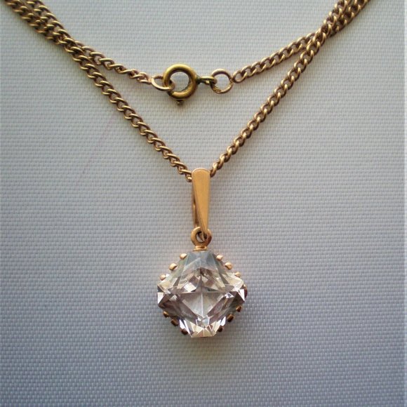Vintage Russian 14K 585 Rose Gold Faceted Rock Crystal Pendant Necklace Chain - Picture 1 of 6